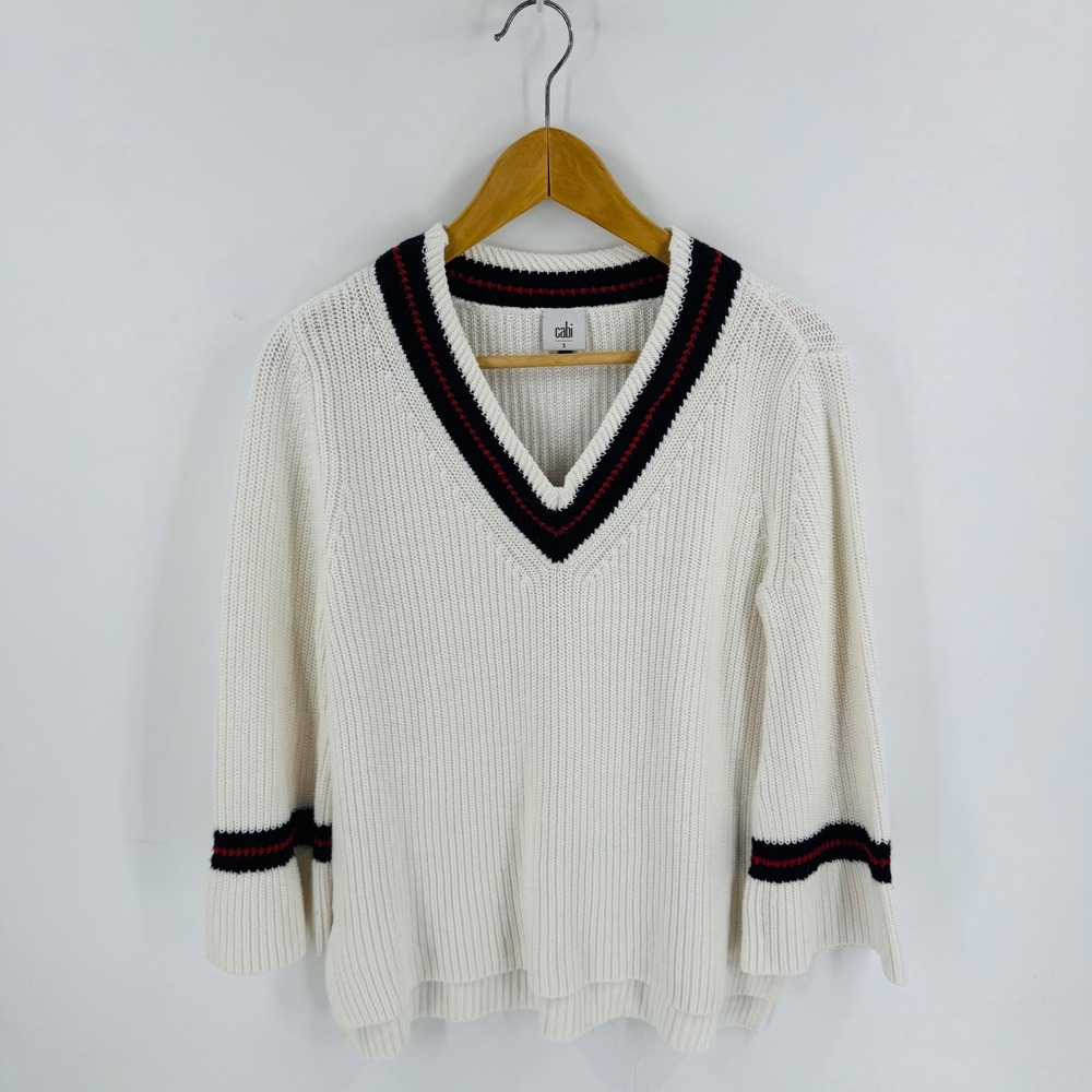 Cabi White Navy Varsity V-Neck Sweater Size S Preppy Tennis Core Nautical